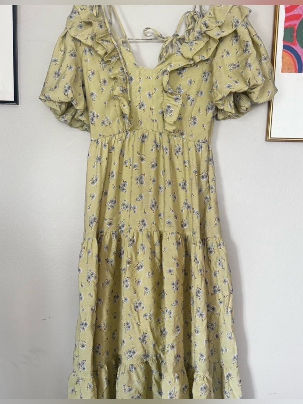 Women’s Moon River Green and purple floral maxi dress with ruffles and tie back